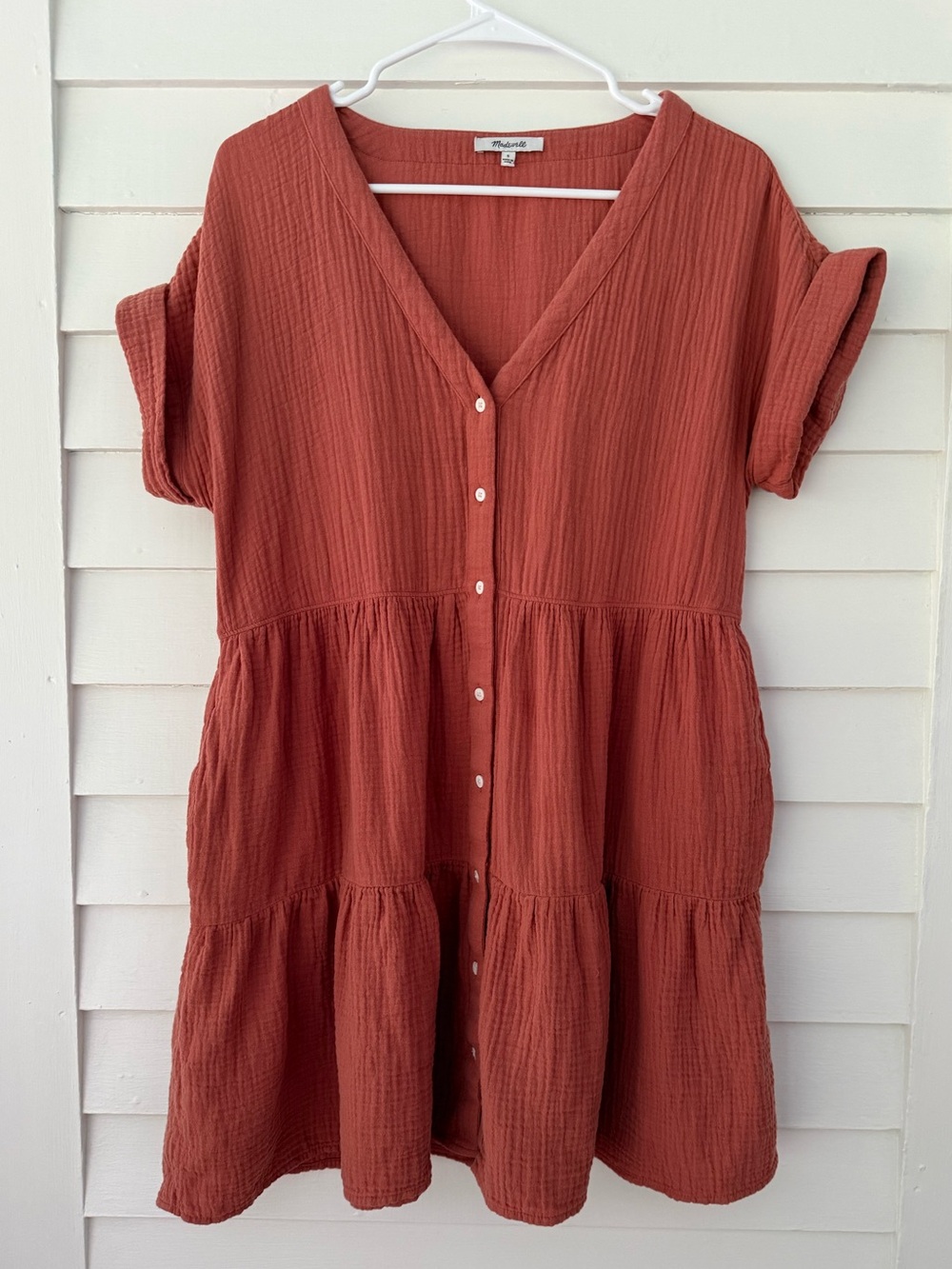 Madewell | Double Gauze Tiered Mini Dress Rust Button Front Size Small